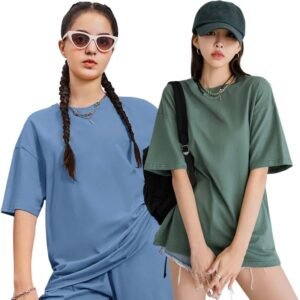 London Hills Women’s Cotton Loose Casual Round Neck Solid, Drop Shoulder T-Shirt Pack of 2