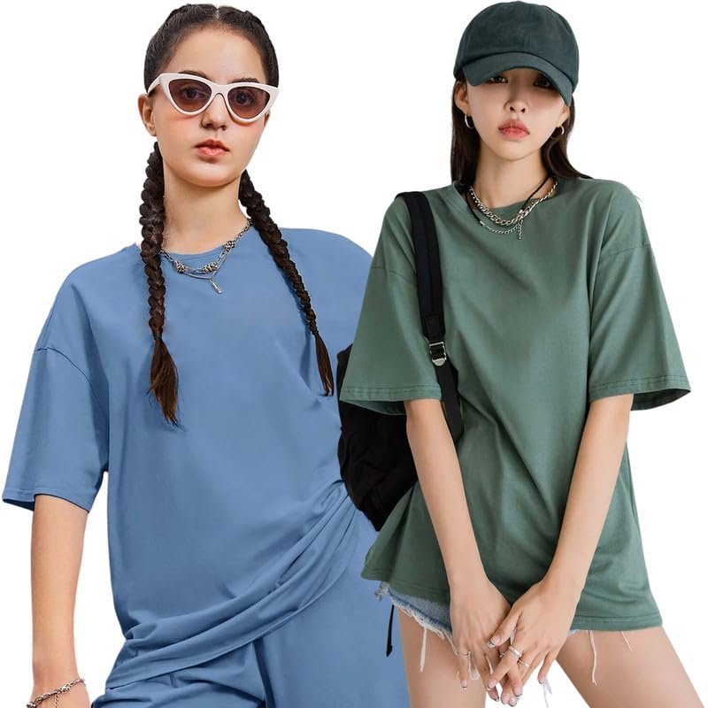 London Hills Women’s Cotton Loose Casual Round Neck Solid, Drop Shoulder T-Shirt Pack of 2