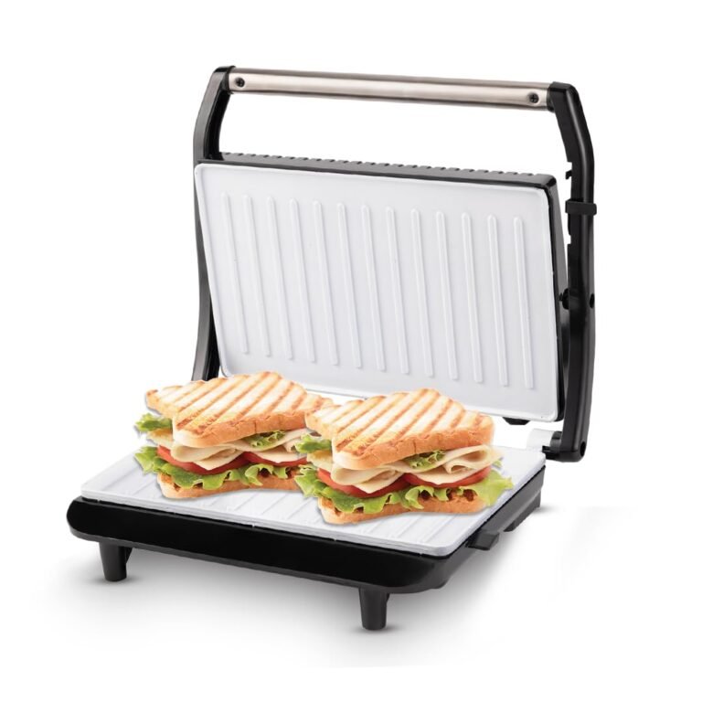KENT Sandwich Grill | Ceramic Coated,Non-Toxic,Non Stick,Fixed Grill plate | Toaster Griller Sandwich Maker | Auto Cut Off | LED Indicator | 180°Open | Adjustable Height Control | Metallic Silver