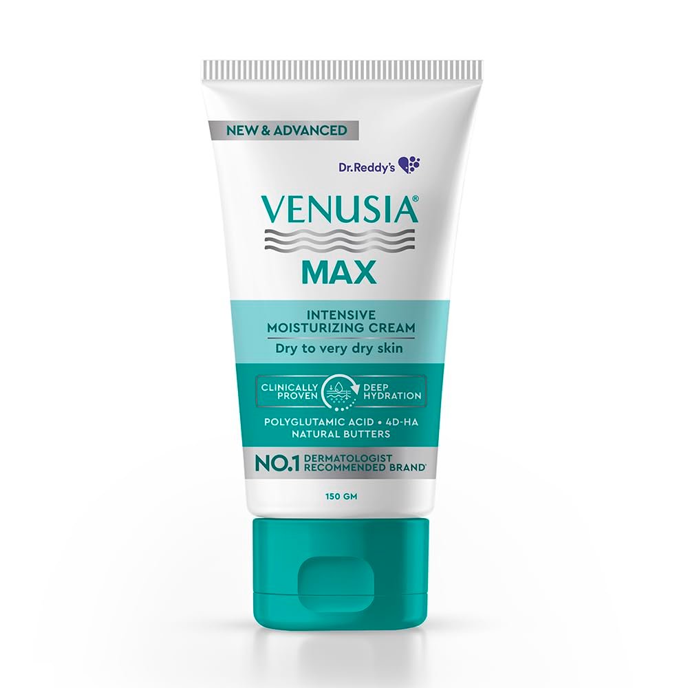 Dr. Reddy’s Venusia Max Intensive Moisturizing Cream | Enriched with 4D Hyaluronic Acid & Polyglutamic Acid | Clinically Proven Deep Penetration for Long lasting hydration | For Face & Body | Moisture Lock with Shea, Cocoa, Mango, and Aloe Butter |No.1 Dermatologist Recommended Brand | Dry to Very Dry Skin | 150 g