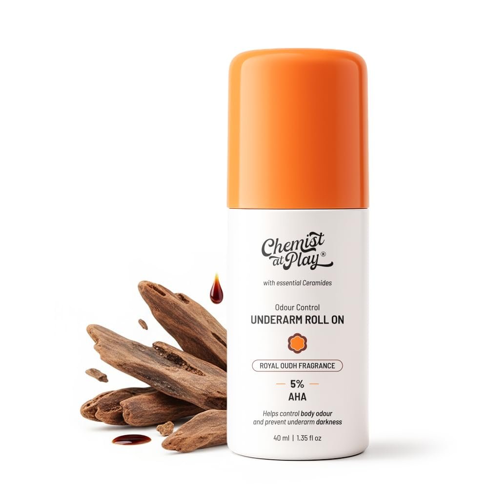 Chemist At Play UnderArm Roll On Deodorant with 5% AHA, Lactic Acid & 1% Mandelic Acid | Prevents Body Odour & Fades Pigmentation | 0% Aluminium & 0% Alcohol | Royal Oudh Fragrance | 40ml