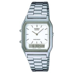 Casio Vintage AQ-230A-7DMQ Analog-Digital White Dial Unisex Watch Silver Metal Strap (AD03)