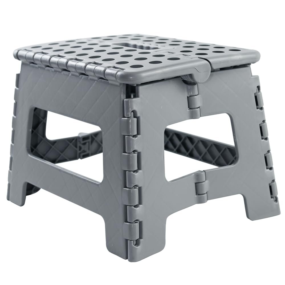 Folding Stool Step Down Footstool With Carry Handle Compact Foldable Foot Stool DIY Footstool Ladder MAX Weight 150KG (Grey)