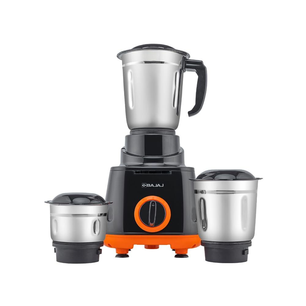 Bajaj Rex 500W Mixer Grinder | 3 Stainless Steel Jars with Multifunctional Blades | Nutri-Pro Feature for Efficient Grinding & Blending | Adjustable Speed Control | 1 Year Warranty | Black & Orange