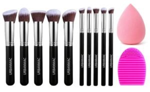 URBANMAC Premium Synthetic Kabuki Foundation Face Powder Blush Eyeshadow Brush Makeup Brush Kit with Blender Sponge and Brush Cleaner (10 pcs, Black/Silver)