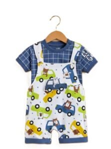 Boys Dungaree Set with T-Shirt, Blue Grid Pattern, Car and Bear Print, Cotton Blend, 0-2 Years, 2 Pieces