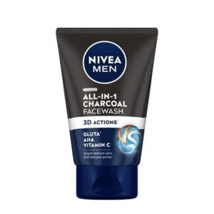 NIVEA MEN All in 1 Charcoal Face Wash | Natural Charcoal, Gluta, AHA & Vitamin C | Helps Reduce the Appearance of Tan | Removes Excess Oil and Minimizes Pores | For Bright Radiant Skin | 100g