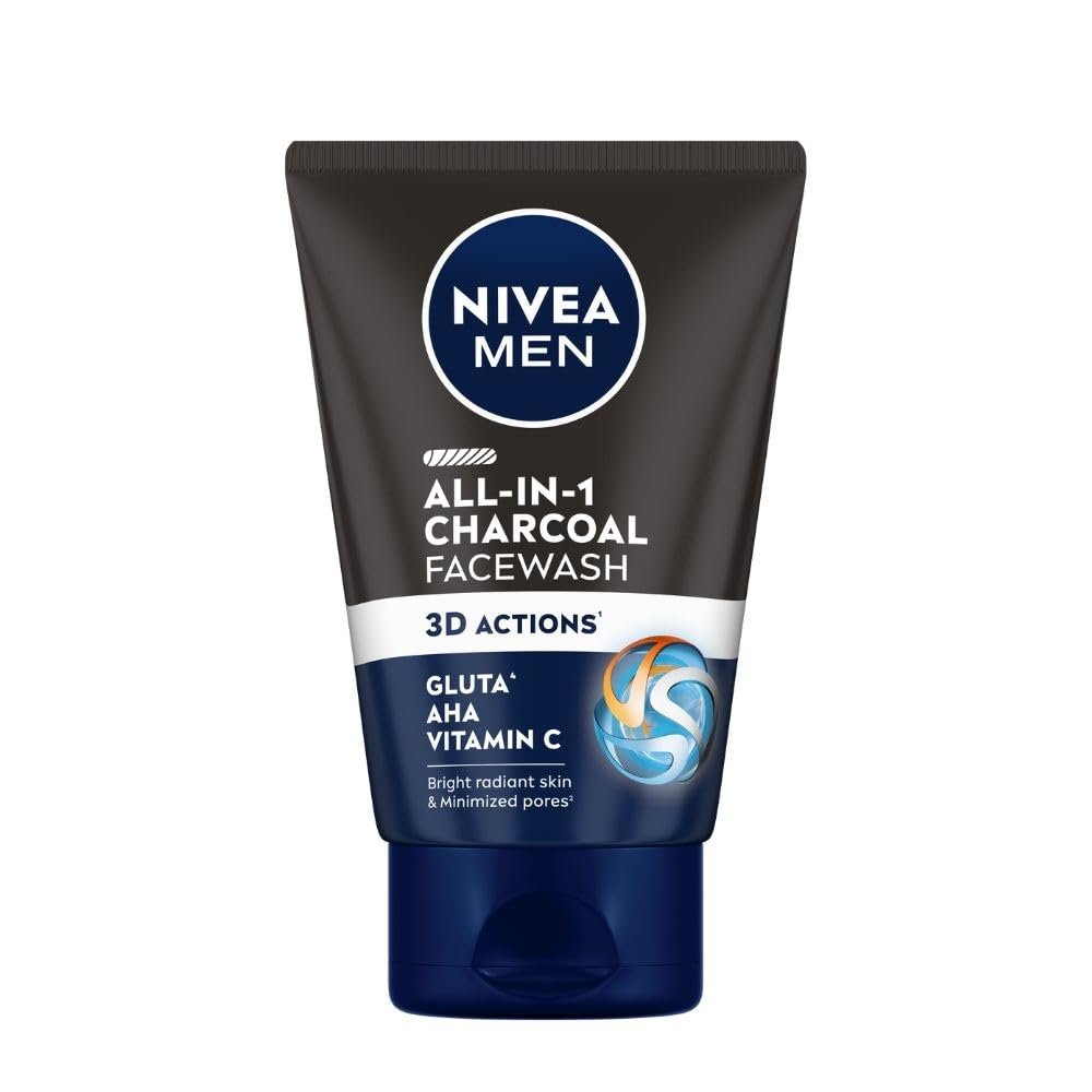 NIVEA MEN All in 1 Charcoal Face Wash | Natural Charcoal, Gluta, AHA & Vitamin C | Helps Reduce the Appearance of Tan | Removes Excess Oil and Minimizes Pores | For Bright Radiant Skin | 100g