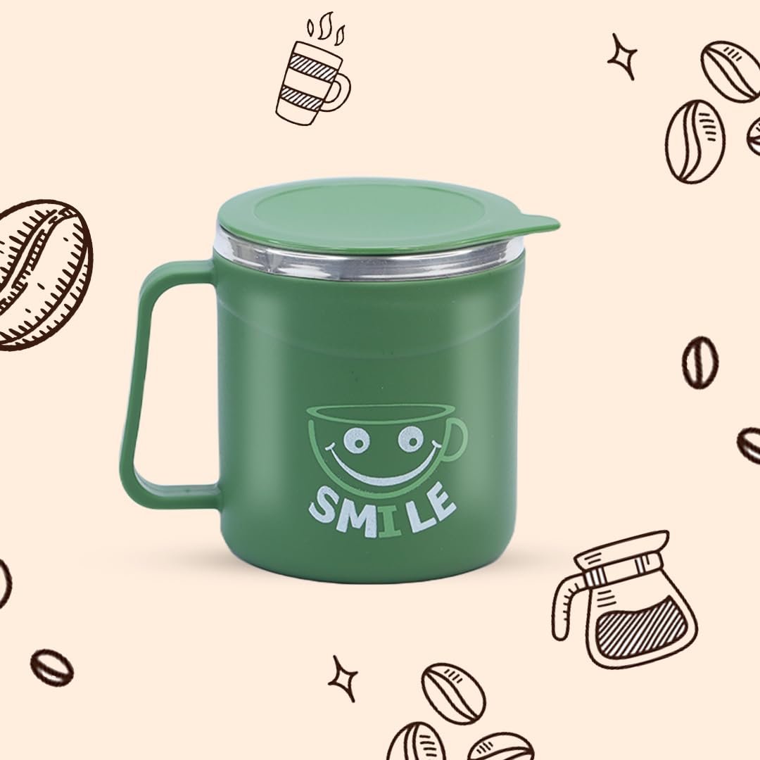 Attro Happy Mug Comes with Double Wall Inner Stainless Still & Lid Stylish Cup Ideal for Hot Coffee, Tea – Olive Green – Plastic, 300 Ml