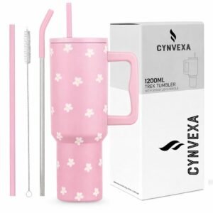 CYNVEXA Tumbler with lid and Straw 1200ML Cup Stainless Steel Vacuum Insulated Tumbler for Water, Iced Tea or Coffee 1.2L Office Gym Travelling (Pink Flower)
