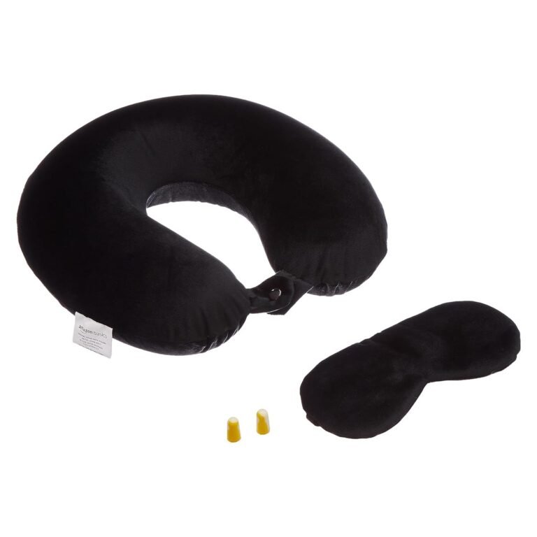Amazon Basics Memory Foam Travel Neck Pillow with Eye Mask & Ear Plugs Combo|Ultra Soft Velvet Fabric|Ergonomically Designed for Ultimate Comfort for Air, Car, Train, Bus Travel- Black, Standard Size