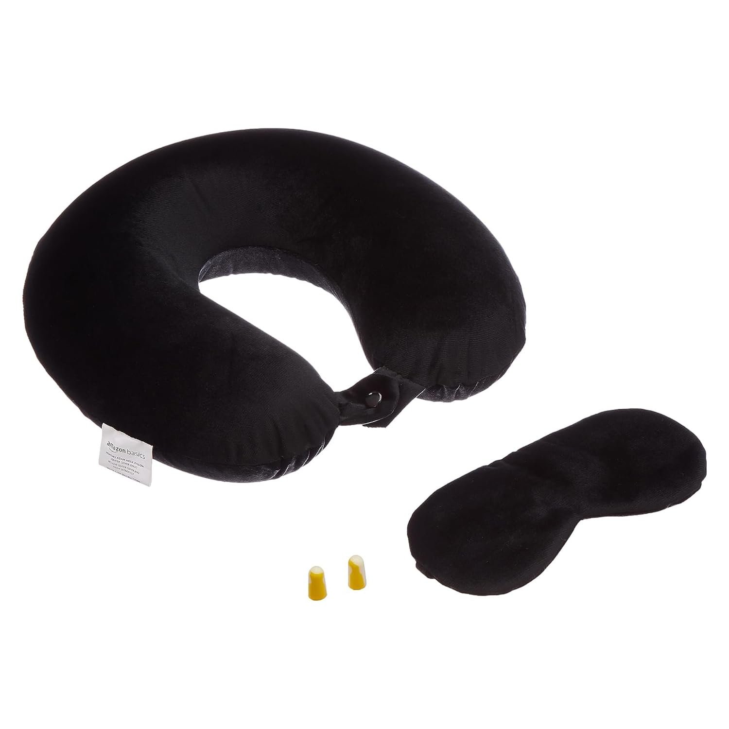 Amazon Basics Memory Foam Travel Neck Pillow with Eye Mask & Ear Plugs Combo|Ultra Soft Velvet Fabric|Ergonomically Designed for Ultimate Comfort for Air, Car, Train, Bus Travel- Black, Standard Size