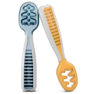 Num Num Pack of 2 Pre-Spoon Gootensils, Baby Spoon Set (Stage One + Stage Two), Bpa Free Silicone Self Feeding Utensil, Baby Led Weaning Spoon for Kids Ages 6 Months + (Orange/Blue)