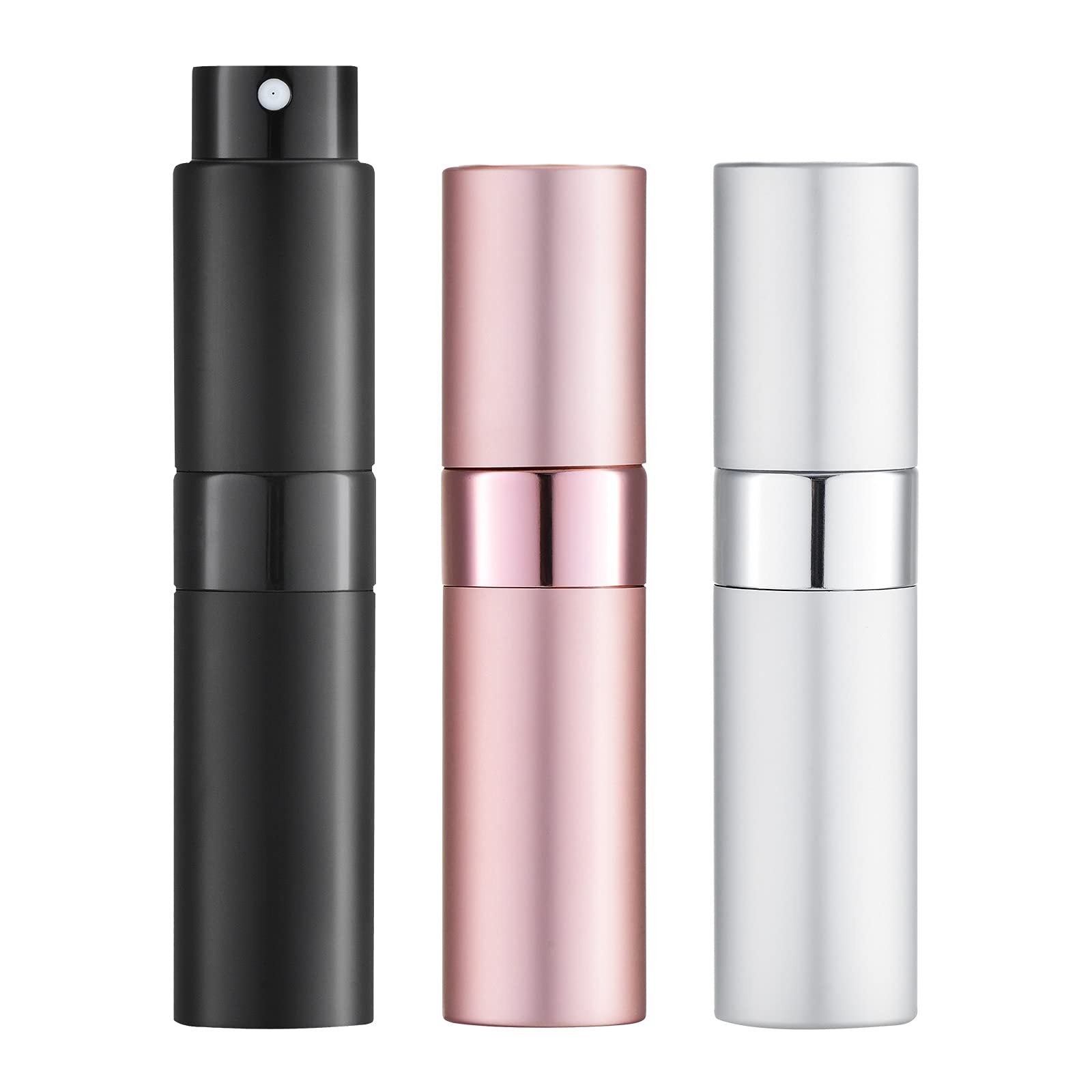 Toureal 8 ml Perfume Atomiser Empty (Pack of 3) Mini Spray Bottle, Perfume Container, Perfume Atomiser Refillable (Silver, Pink, Black)
