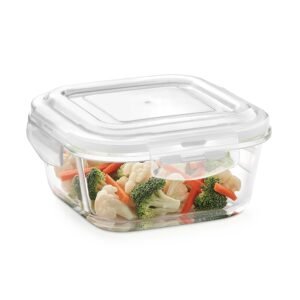Borosil 520ml Klip n Store Square Glass Food Storage Container with Air Tight Lid | Borosilicate Glass Container for Lunchbox | Microwave & Dishwasher Safe | Transparent
