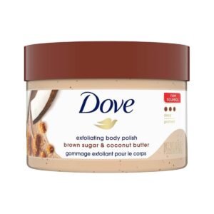 Dove Exfoliating Body Polish Scrub For Dry Skin With Brown Sugar & Coconut Butter, Gently Exfoliates & Moisturizes For Instant Soft & Smooth Skin, Natural Ingredients, No Sulfate, Coconut Scent, 298g