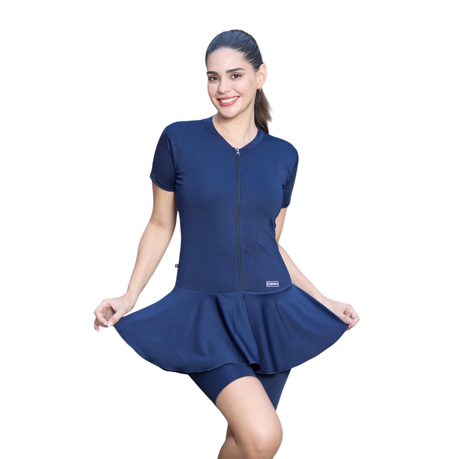 ROVARS Poly Spandex Women’s Frock Style with Front Zipper Swimming Costume (Without Pads)