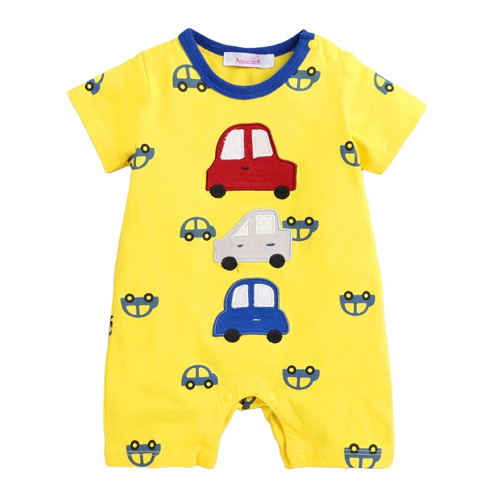 Hopscotch Unisex Cotton Vehicle Print Romper In Yellow Color