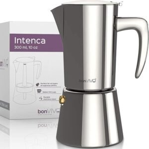 bonVIVO Intenca Stovetop Espresso Maker, Italian Espresso Coffee Maker 300 ml, Stainless Steel Espresso Maker Machine for Full Bodied Coffee, Espresso Pot for 5–6 Cups, Moka Pot Silver Chrome Finish