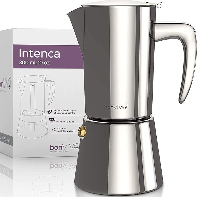 bonVIVO Intenca Stovetop Espresso Maker, Italian Espresso Coffee Maker 300 ml, Stainless Steel Espresso Maker Machine for Full Bodied Coffee, Espresso Pot for 5–6 Cups, Moka Pot Silver Chrome Finish