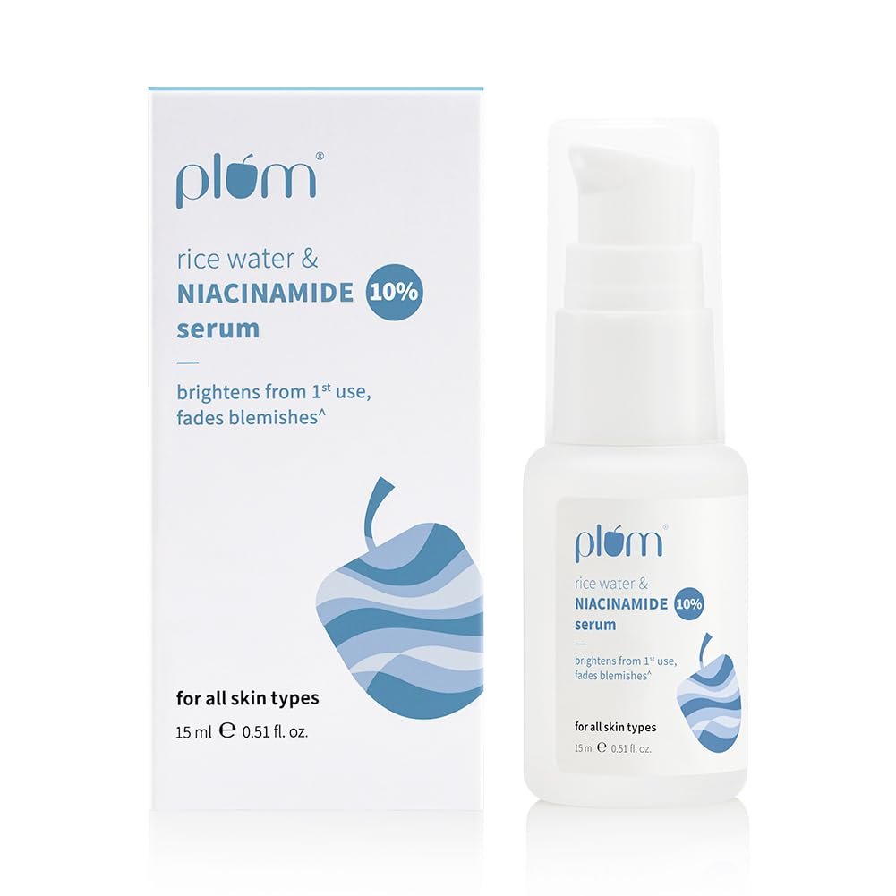Plum 10% Niacinamide Serum with Rice Water | Provides Clear, Glowing & Brightening Skin | for Acne Prone, Combination, Oily & Sensitive Skin | Oil Control & Anti Acne Face Serum for Women & Men | 15ml
