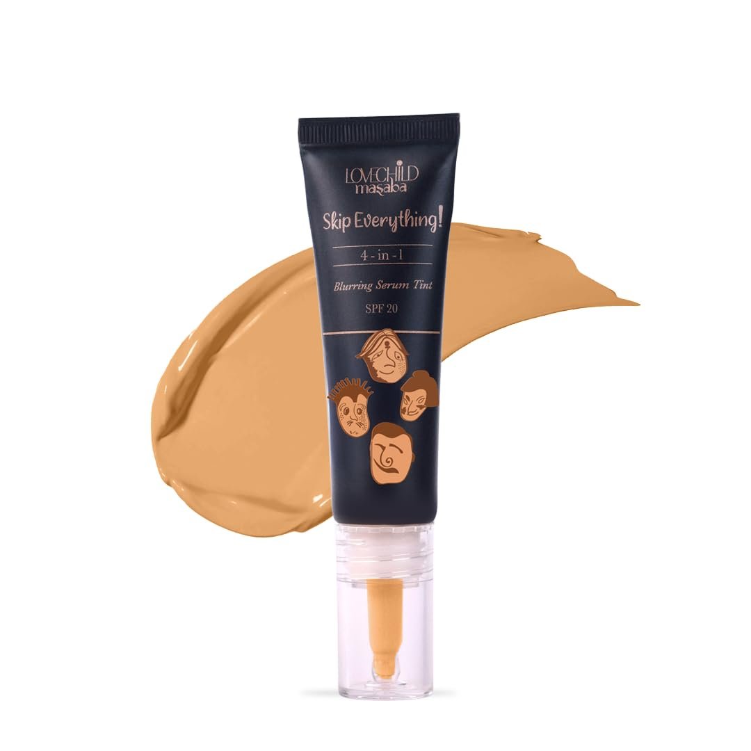 LoveChild Masaba Skip Everything 4-in-1 Skin Tint, Primer, Moisturizer, Sunscreen SPF 20 & Foundation, Blurring Serum Tint, Seamless Coverage & Natural Finish, Delicate Darling (Sand) 10ml