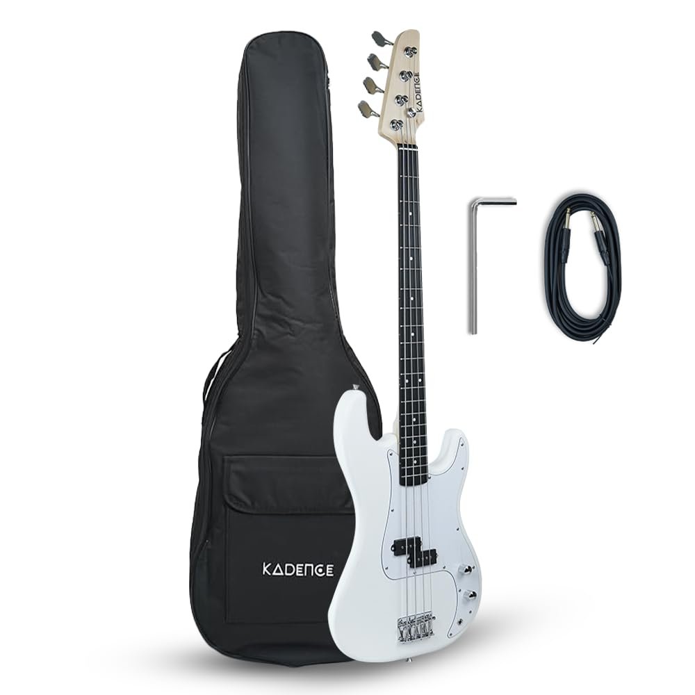 Kadence PBWH Tennessee 46.5” Electric Bass Guitar (P-Style) | Solid Poplar Wood Body, Maple Neck | Split-Coil Pickup | Fixed Bridge | Gig Bag + Cable | Matte White
