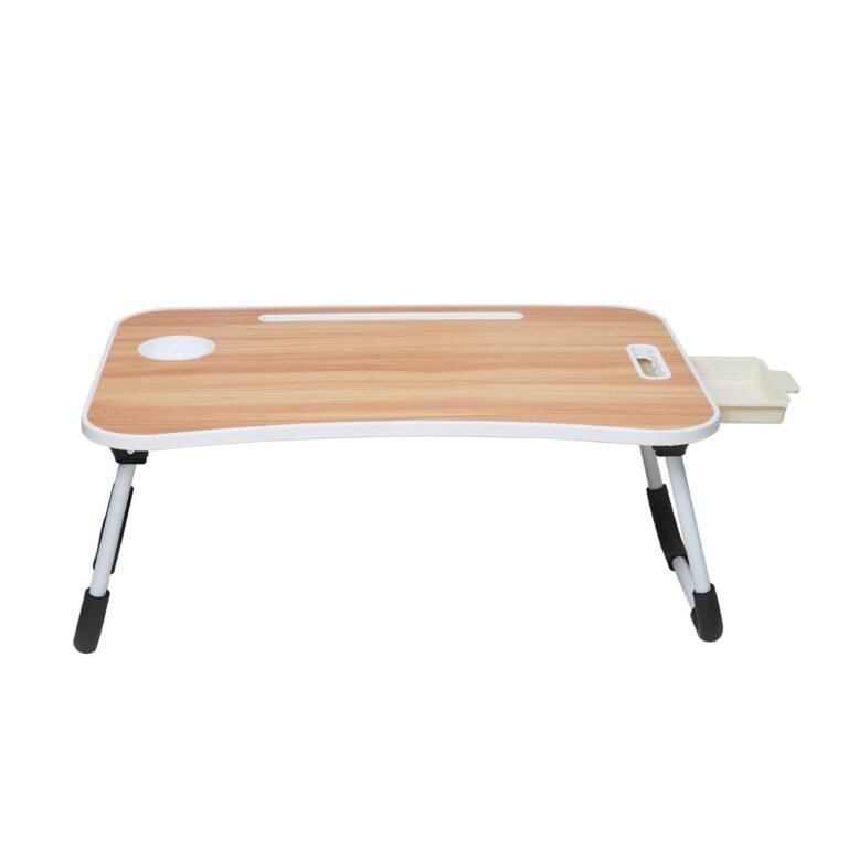Amazon Basics Engineered Wood Foldable Laptop Table with Cup Holder, Tablet Groove and Mini Drawer (60L x 40W x 26H cm, Brown)