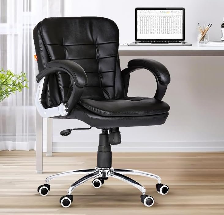 Da URBAN® Milford Mid Back Revolving Leatherette Ergonomic Home & Office Executive Chair with High Comfort Seating, Height Adjustable Seat & Heavy Duty Metal Base (Black)