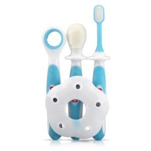 LuvLap Baby Training Manual Toothbrush Set with Anti Choking Shield, Teeth & Tongue Cleaner, Baby Oral Hygiene, 3 Pcs, (White/Blue).