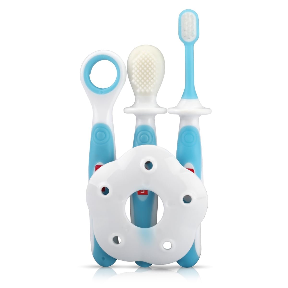 LuvLap Baby Training Manual Toothbrush Set with Anti Choking Shield, Teeth & Tongue Cleaner, Baby Oral Hygiene, 3 Pcs, (White/Blue).