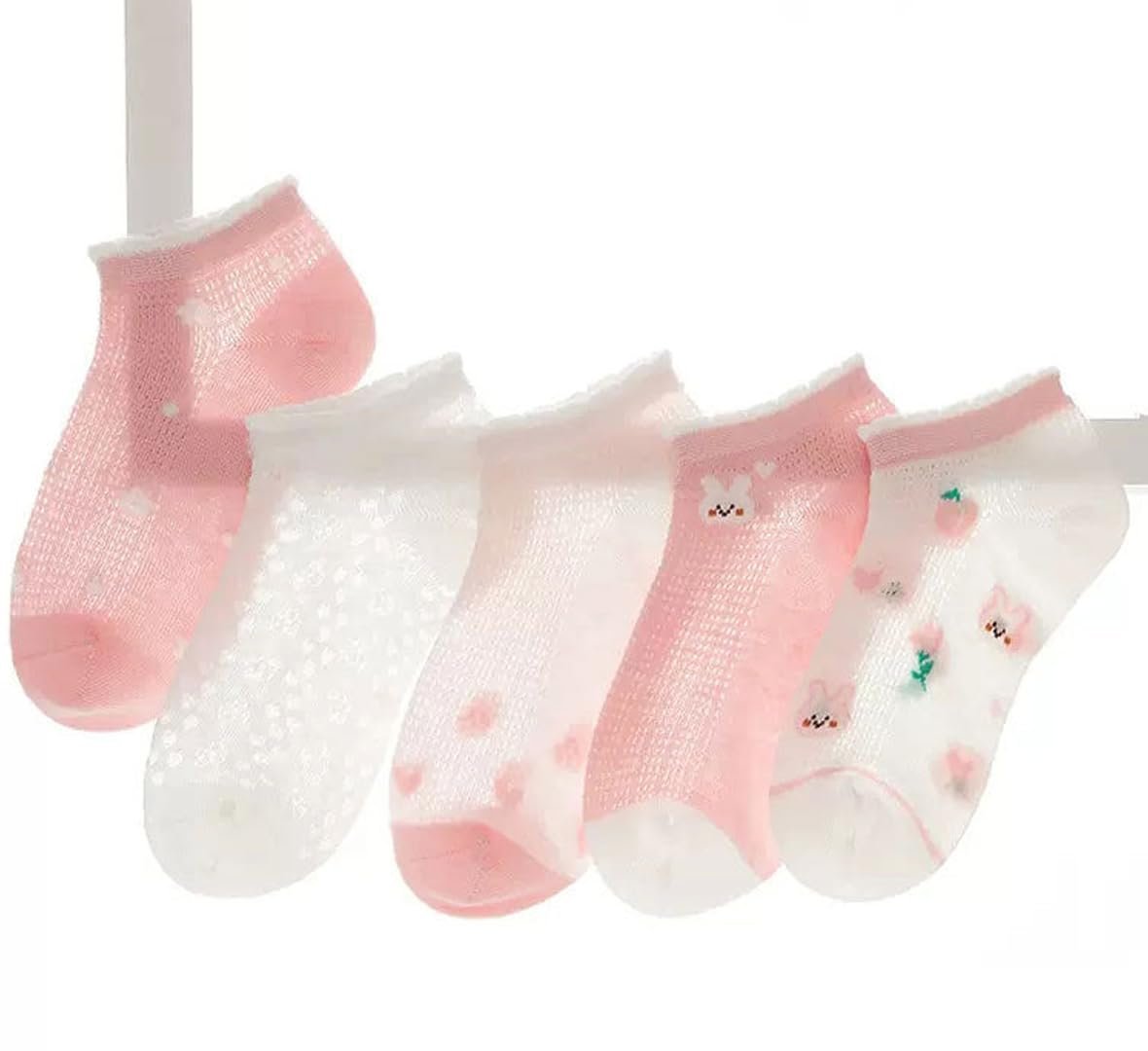 SYGA Boys & Girls Cotton Ankle Length 5 Pairs Socks, Warm Stretch Crew Socks With Pink Rabit Design, Suitable Age For 0-2 Years Old Baby
