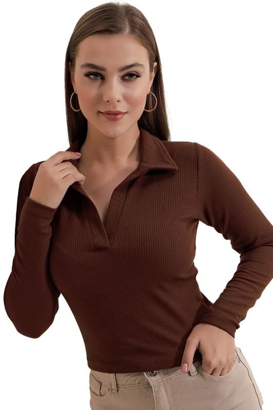 Dream Beauty Fashion Women’s Collared Neck Long Sleeve Slim Fit Casual Tee Top, 23″ inches (Apple-01-P)