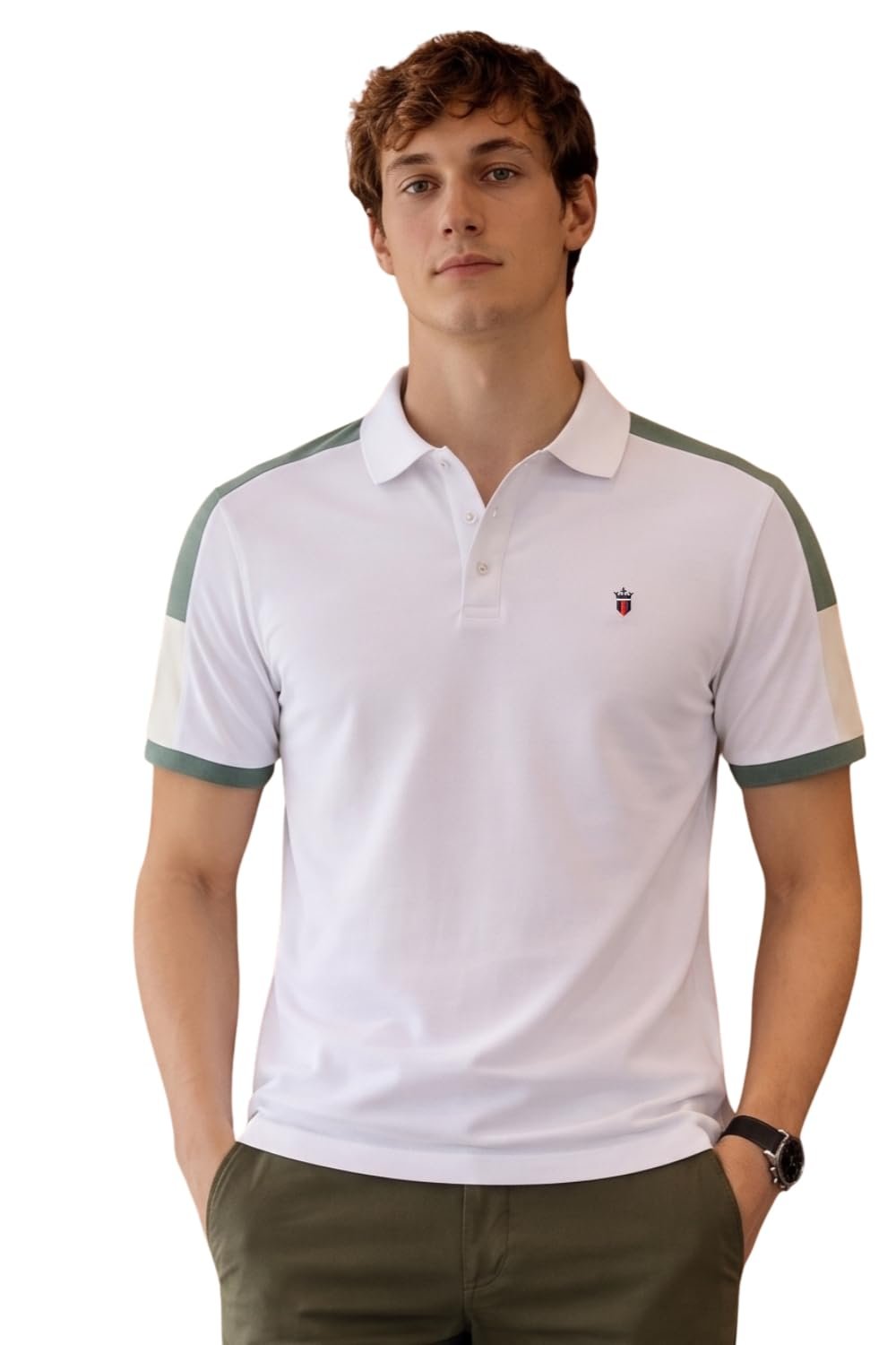 Louis Philippe Men’s Slim Fit Premium High-End Pique in Superior Cotton Cut & Sew Design Color Block Shoulder Half Sleeve Polo Tshirt