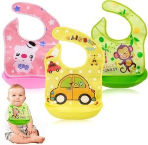 BabyGo Silicone Baby Bibs | Adjustable Neckline Feeding Apron Bibs, Detachable, Waterproof, Washable, BPA-Free & Reusable Soft Silicone Bibs for Infants & Toddlers | Set of 3