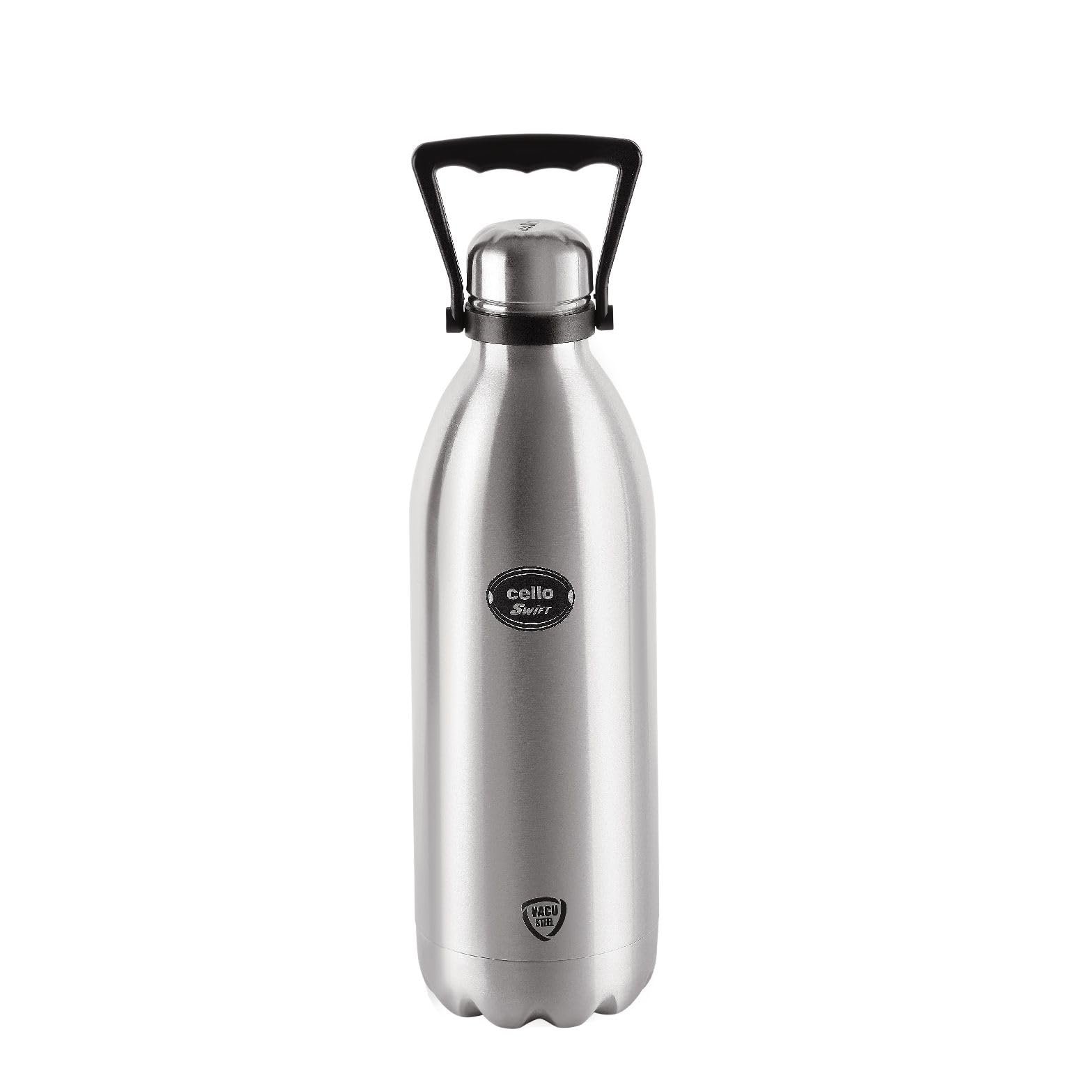 CELLO Swift Stainless Steel Hot and Cold Water Bottle 2000 ml Silver | ISI Certified Spillproof Leakproof Screw Lid Double Wall Vacuum Insulated Thermos Flask Water Bottle for Home Office Gym Travel