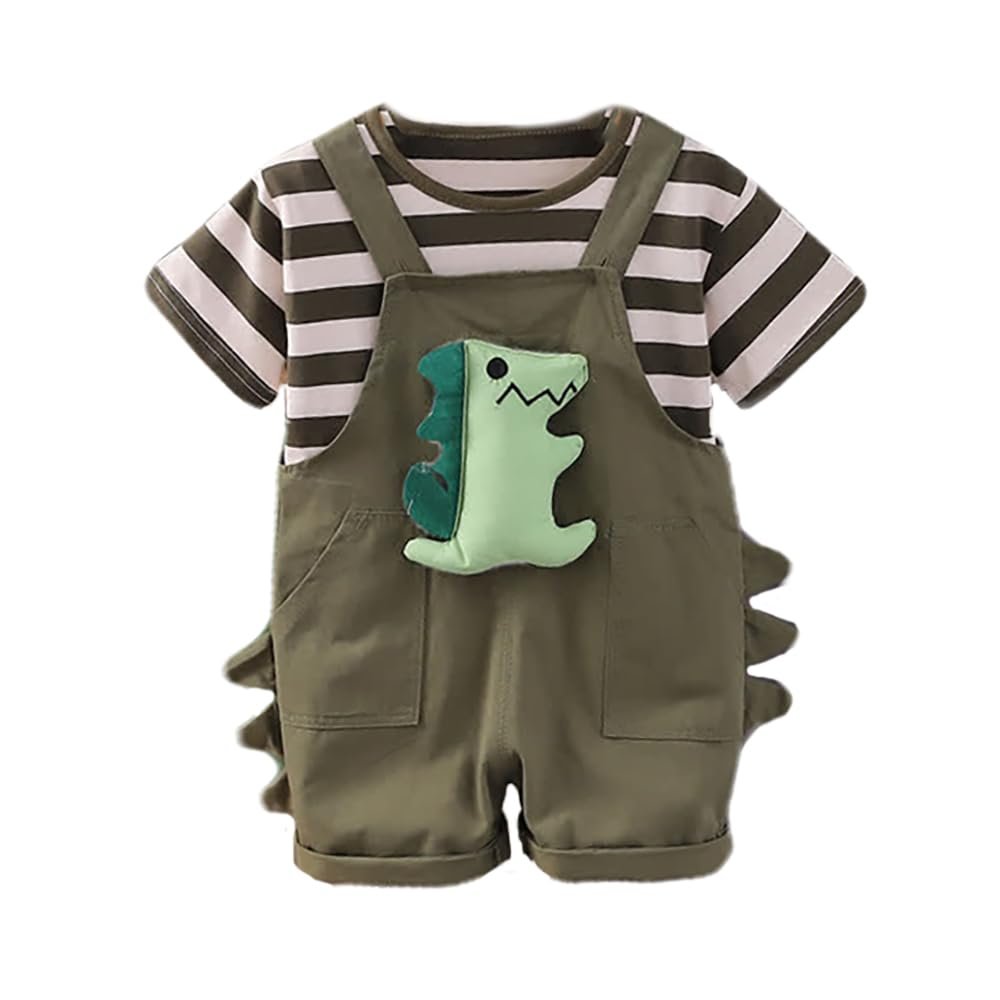 Bold N Elegant Kids Dinosaur Dungaree Set with Striped T-Shirt Cotton Funky Summer Outfit for Infant Toddler Kids Boy Girl