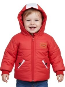 Kids Hooded Winter Jacket with Front Pockets and Printed Logo