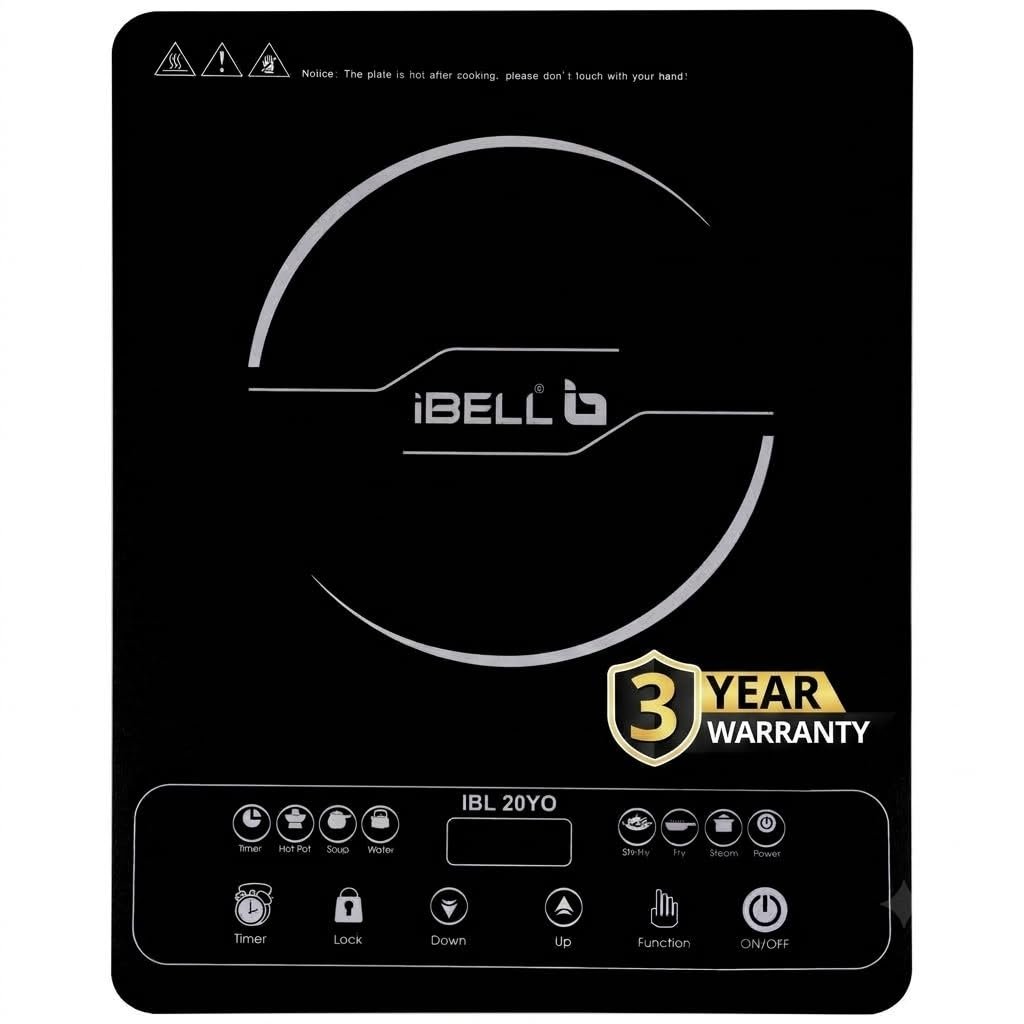 iBELL 20YO Induction Cooktop 2000W – 3 YEAR WARRANTY Full Touch Panel, Double/Single Coil Technology, Fast Heating, Auto Shut-Off, Overheat Protection, Crystal Glass Top [Black]