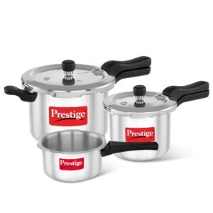 Prestige 2 Litre + 3 Litre + 5 Litre Aluminium Svachh Outer Lid Pressure Cooker Combo with 2 Lids | Deep Lid for Spillage Control | Gas & Induction Compatible | Gasket Release Sys | 5Y Warranty | ISI