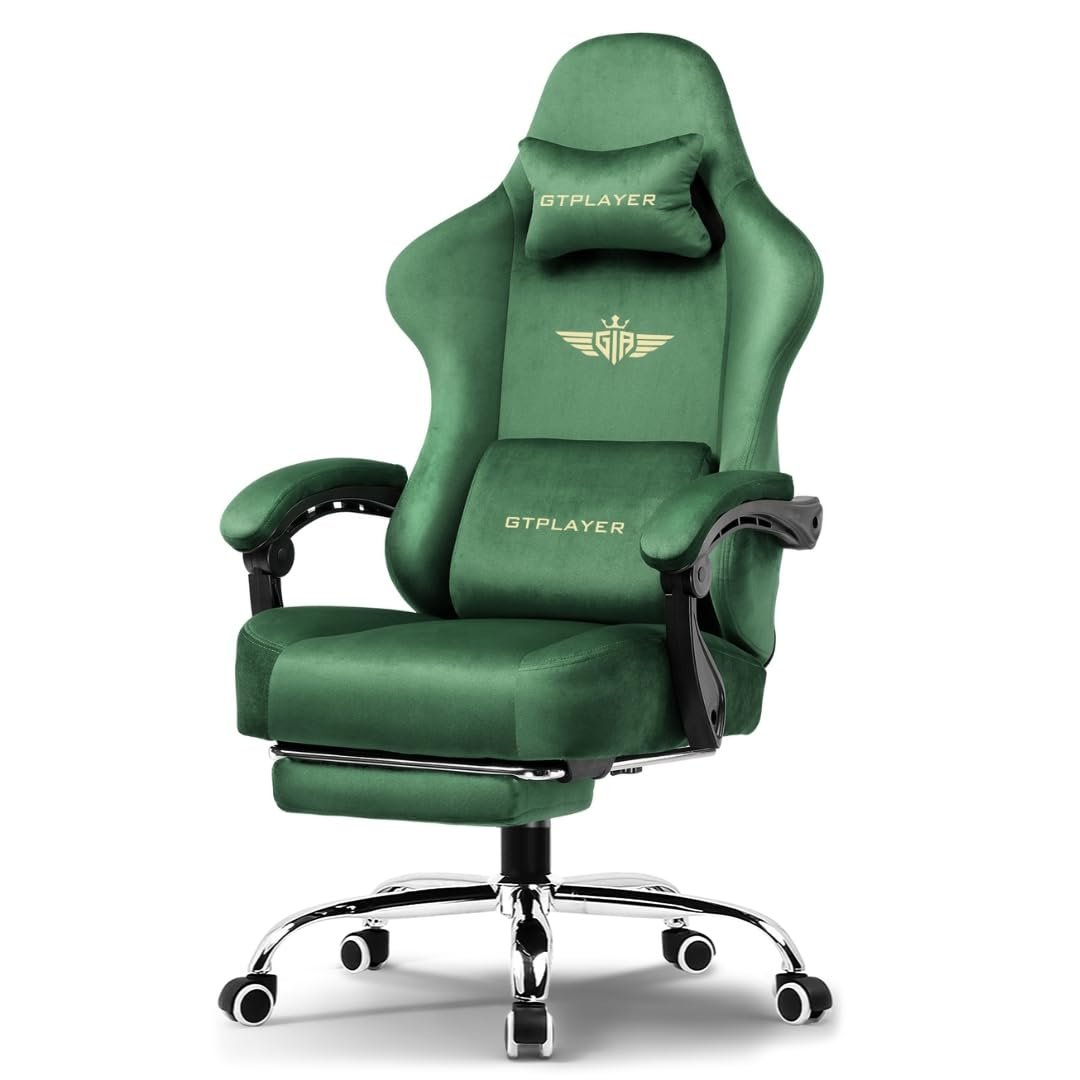 GTPLAYER “Silken Gaming Chair with Footrest, Pocket Spring Cushion & Breathable Fabric, Ergonomic Office Chair with Tailored Back Support, 1 Year Warranty (Velvet Green)