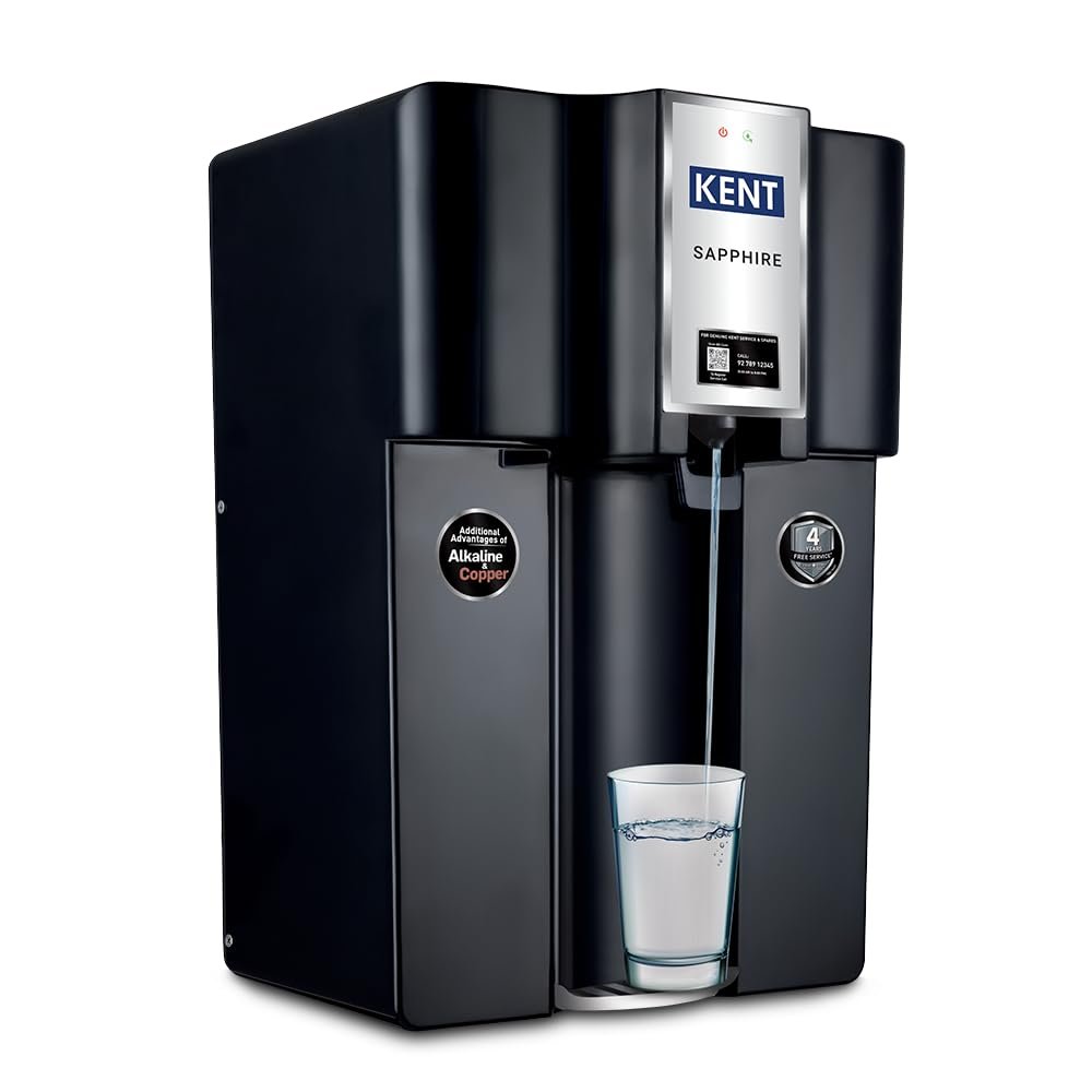 KENT Sapphire-B RO Water Purifier|RO+UF+Inline UV+Alkaline+TDS Control+UV LED in Tank |Fully Automatic On & OFF Operation|.0001 Micron RO Membrane|20 LPH|8L| Ideal For Borewell/Tanker/Municipal Water