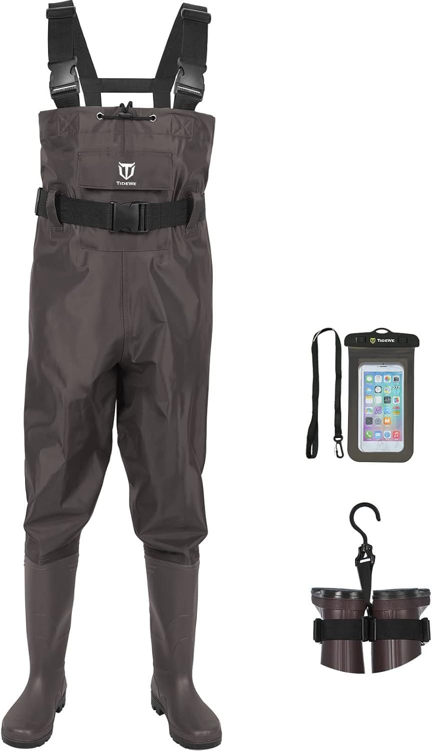 TIDEWE Bootfoot Chest Wader, 2-Ply Nylon/PVC Waterproof Fishing & Hunting Waders for Men and Women (Green and Brown)