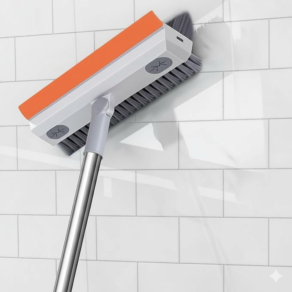 Bathroom Cleaning Brush with Wiper, Long Handle Floor Scrubber Brush with Water Wiper Blade, Heavy Duty Tile & Floor Cleaning Brush, Multipurpose Bathroom Kitchen Floor Cleaner Tool, 3 in 1 Orange