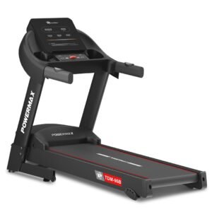 PowerMax Fitness TDM-96B 4HP DC Treadmill for Home | 110KG Max User Running Machine | 14km/hr Top Speed, 4-Level Manual Incline | Bluetooth for app, Speaker, Mp3 | Foldable Cardio Machine, LED Display