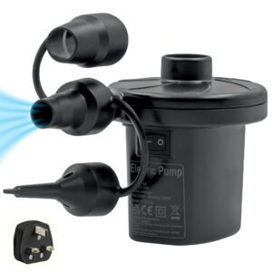 Milestone Camping AC240V/130W AC Electric Air Pump inflator/deflator for airbeds Paddling Pools & Toys. Universal valves. 3 pin UK Plug. Black