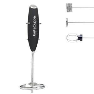 InstaCuppa Milk Frother for Coffee – Handheld Battery-Operated Electric Milk and Coffee Frother, Stainless Steel Whisk and Stand, Portable Foam Maker for Coffee, Cappuccino, Lattes, and Egg Beaters