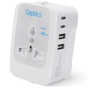 Ceptics Universal Charger Adapter, 5 in 1 Universal Travel Adapter with Type C, 17W Universal Travel Adapter All in One, Universal Travel Essentials with 2 USB A, 2 USB-C 3.4A Universal Adaptor, White