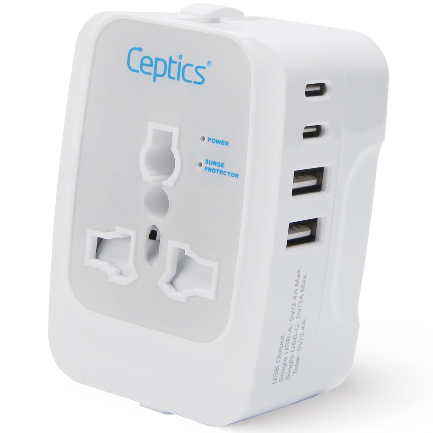 Ceptics Universal Charger Adapter, 5 in 1 Universal Travel Adapter with Type C, 17W Universal Travel Adapter All in One, Universal Travel Essentials with 2 USB A, 2 USB-C 3.4A Universal Adaptor, White