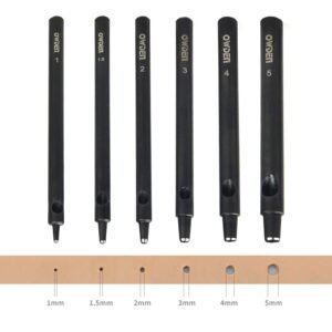 OWDEN Professional 6pc Leather Hollow Punch Set, Size 1.0-5.0mm, Black Finish, Free Mini Cutting Mat